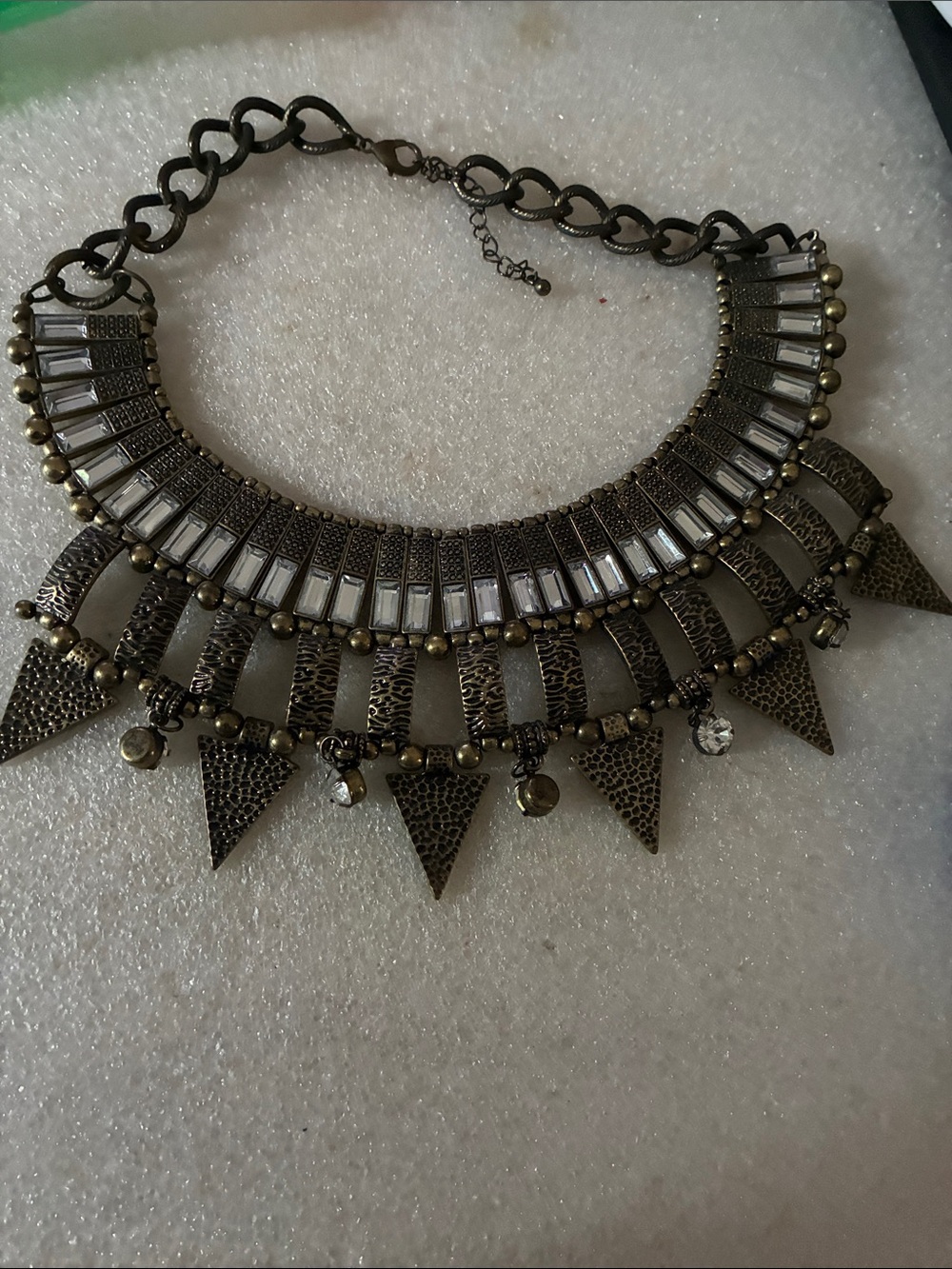 Antique Bronze Statement Bib Necklace with Clear Crystal Accents